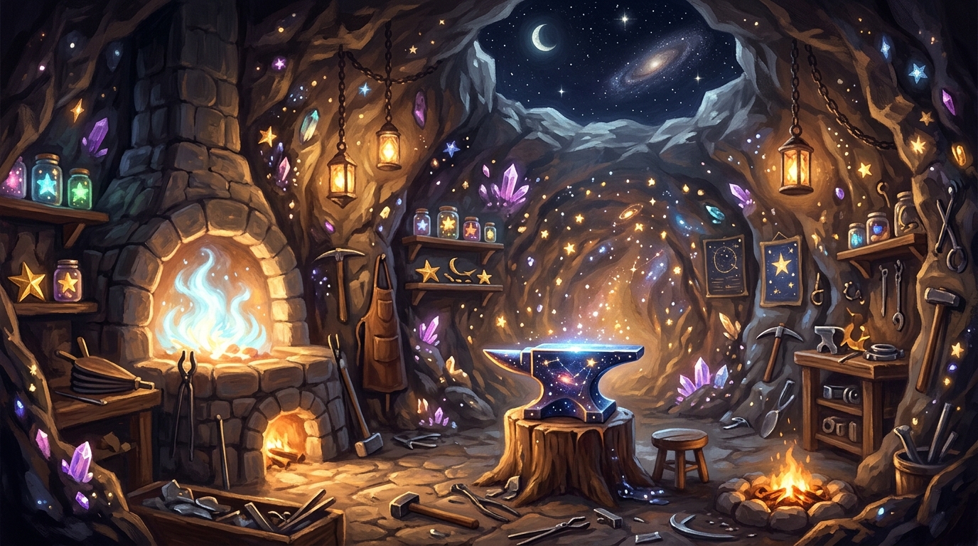 Elara the Shopkeeper at her Star Forge