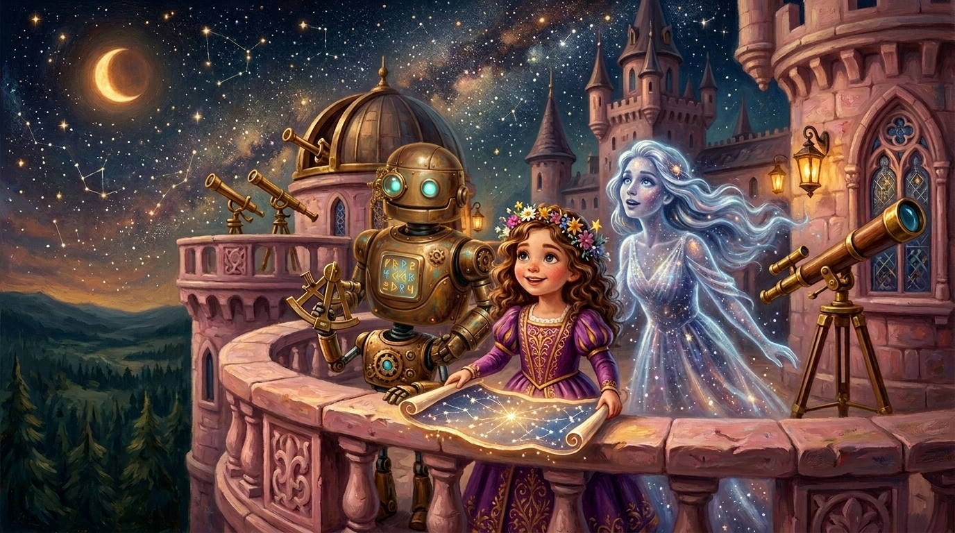 Princess Rosie, Copernicus Robot, and Stellara the Star Keeper at the Castle Observatory