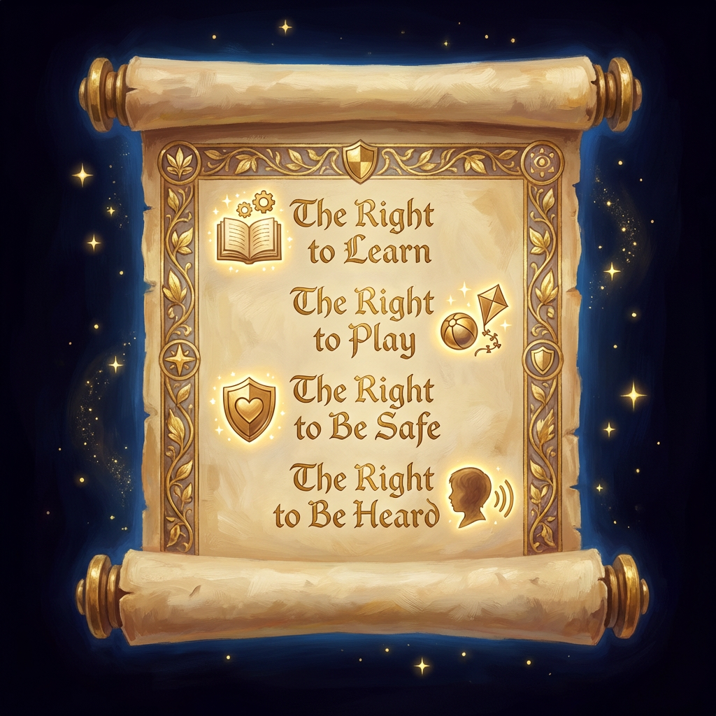 Rights of all young citizens—to learn, be safe, be heard, and play. Children's Rights Scroll