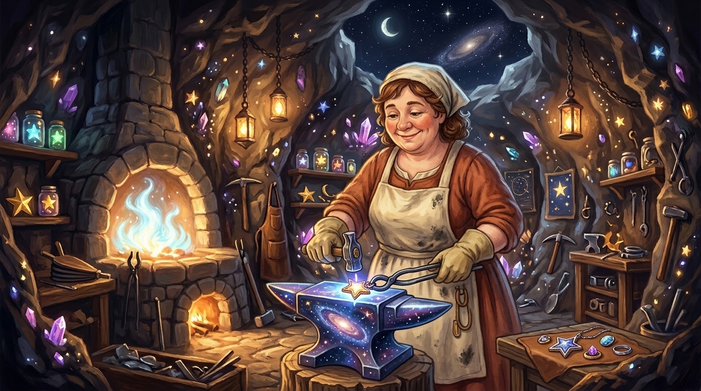 Elara the Shopkeeper at her Star Forge