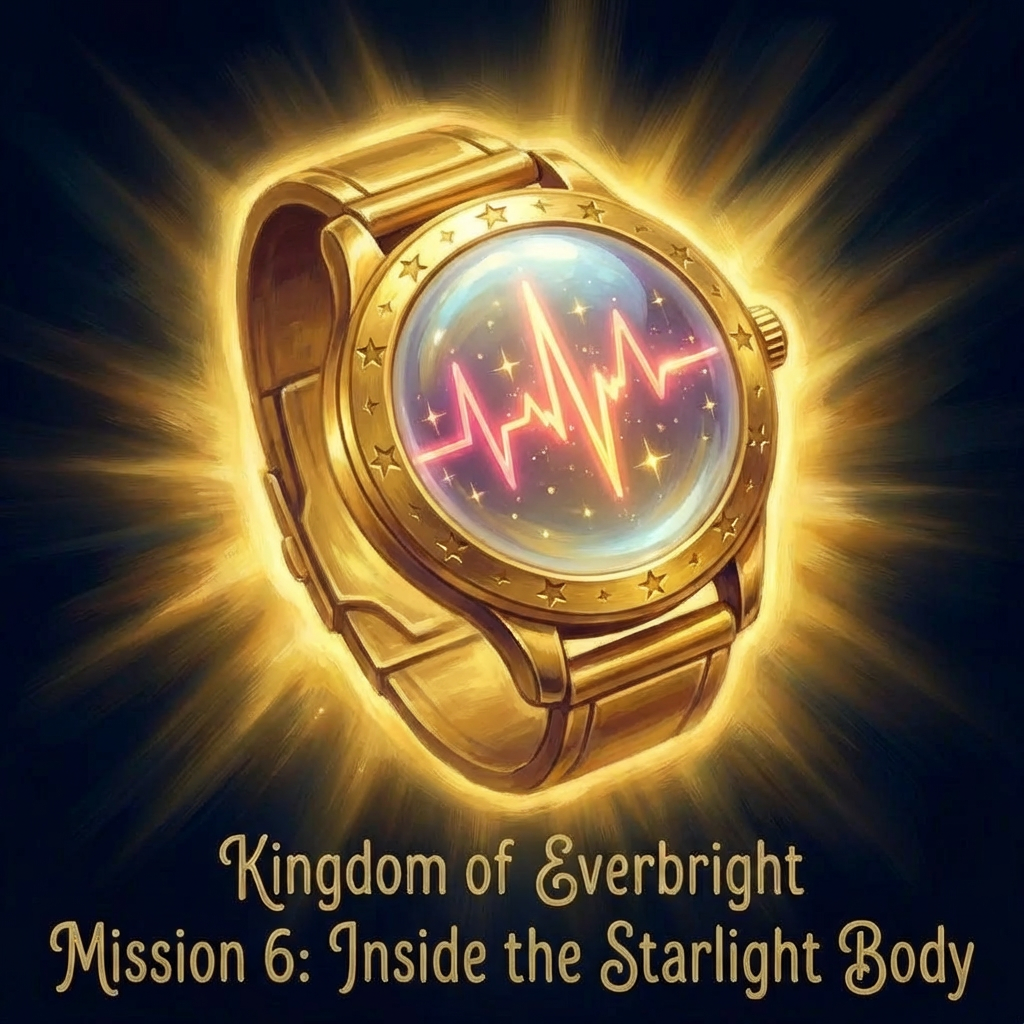 A glowing watch pulsing with heartbeat rhythm. Counting heartbeats connects math to biology. Heartbeat Watch