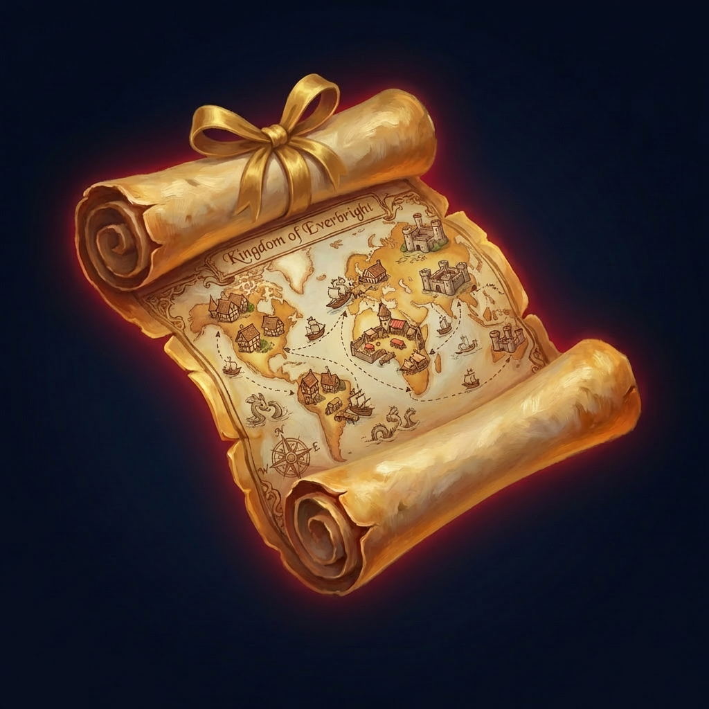 A glowing scroll—for ancient sailors, the stars were literal treasure maps. Treasure Map Scroll