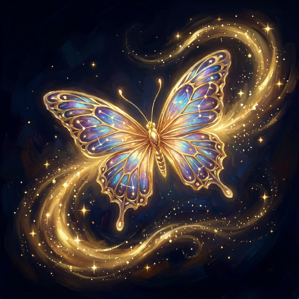 A shimmering butterfly representing transformation from beginners to explorers. Golden Butterfly