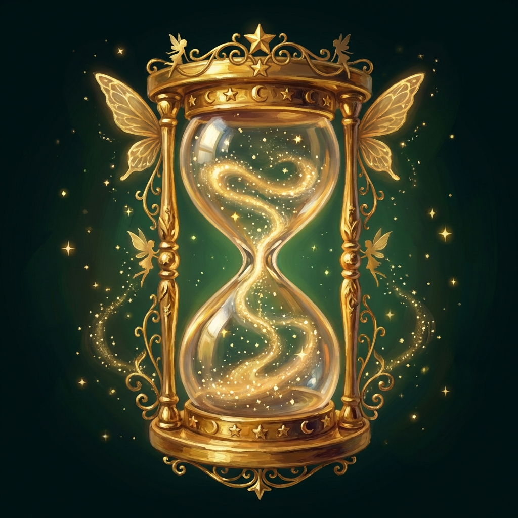 A golden hourglass flowing with stardust. Cosmic time and celestial calendars. Enchanted Hourglass