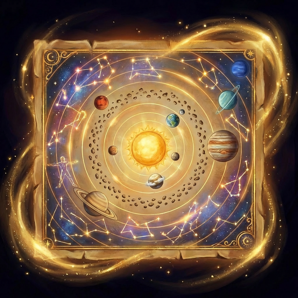 A golden display for practicing reading informational text and extracting facts. Solar System Placard