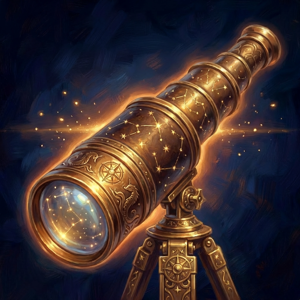 A gleaming telescope introducing magnification and scientific observation. Golden Telescope