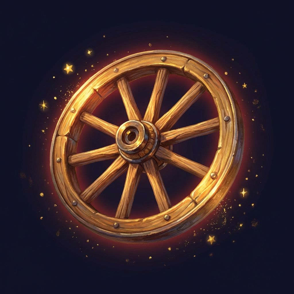 A gleaming wagon wheel. Engineering meets lived historical experience. Golden Wagon Wheel