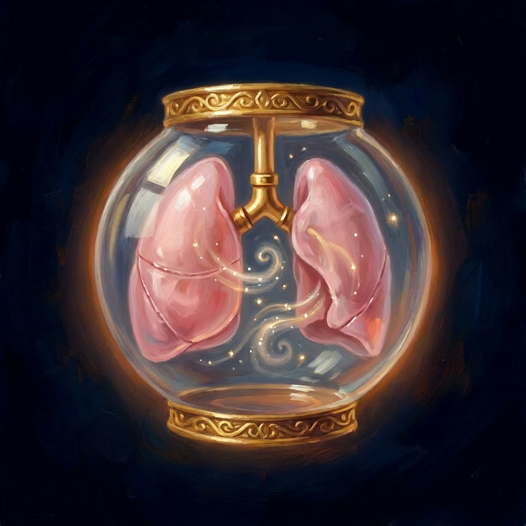 A magical jar with glowing lung models. How we breathe oxygen and exhale CO2. Lungs in a Glass Jar