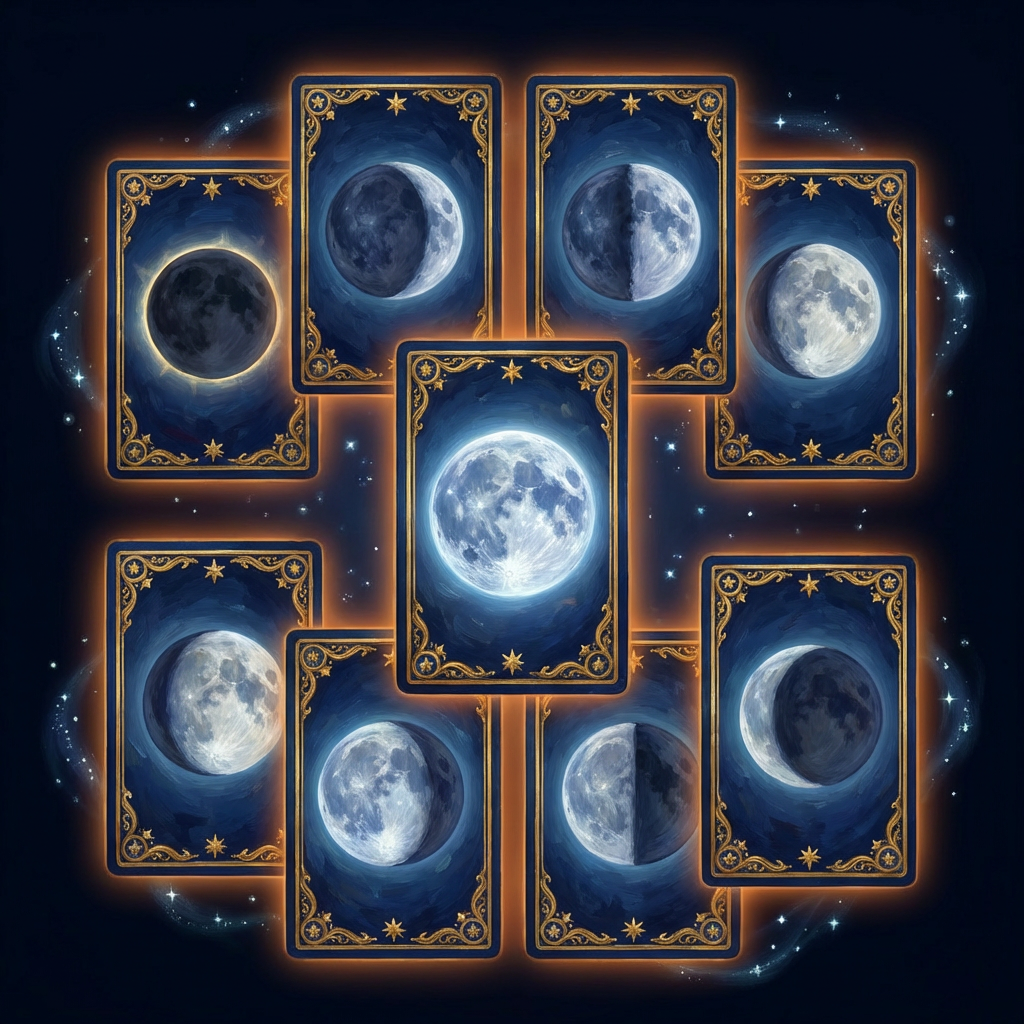 Tarot-style cards showing the eight lunar phases. Cycles and fractions in action. Moon Phase Cards