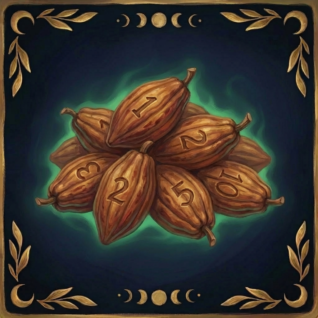 Golden cacao pods—the Aztec used cacao beans as currency. Chocolate was money. Numbered Cacao Pods