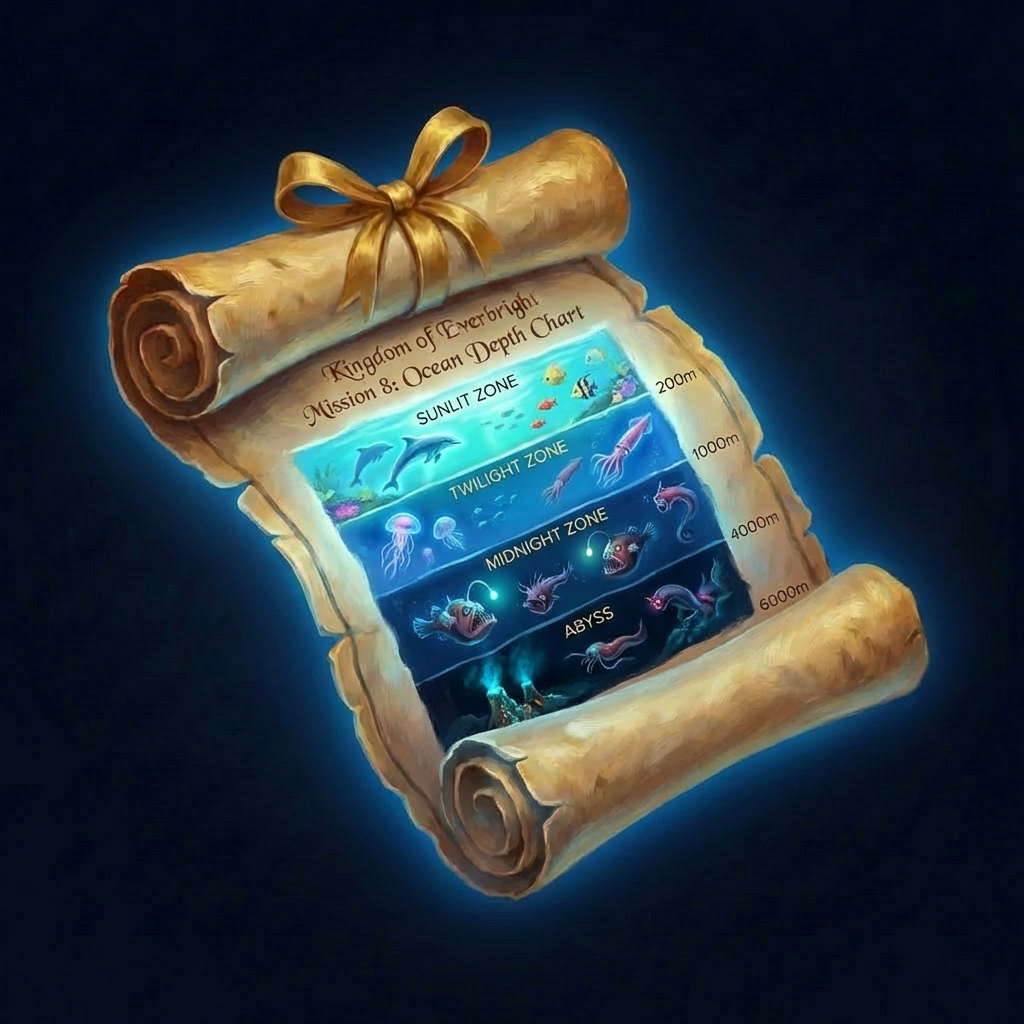 Ocean zones from sunlit surface to deepest trenches. Most of Earth is water. Ocean Depth Chart