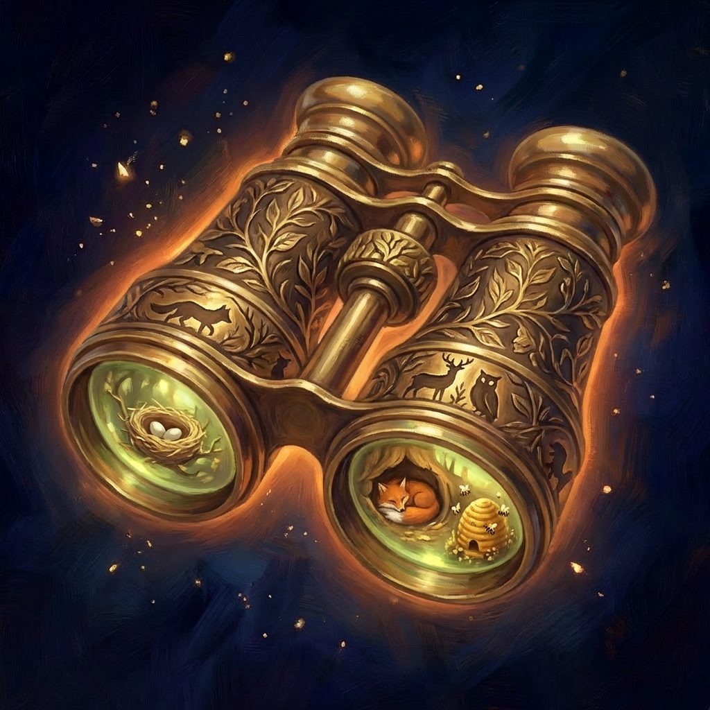 Brass binoculars for field observation. Science begins with careful watching. Explorer's Binoculars