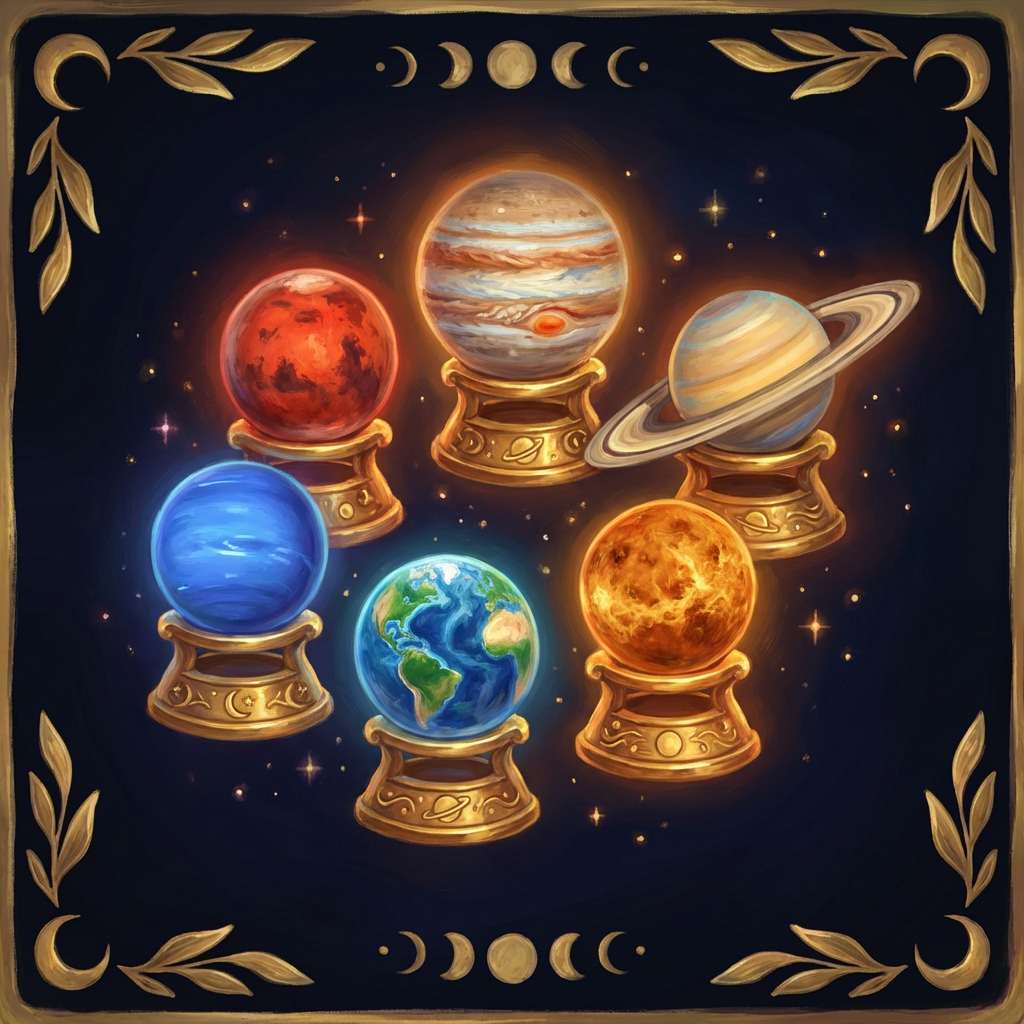 Golden pedestals holding model planets in correct relative size. Planets Display