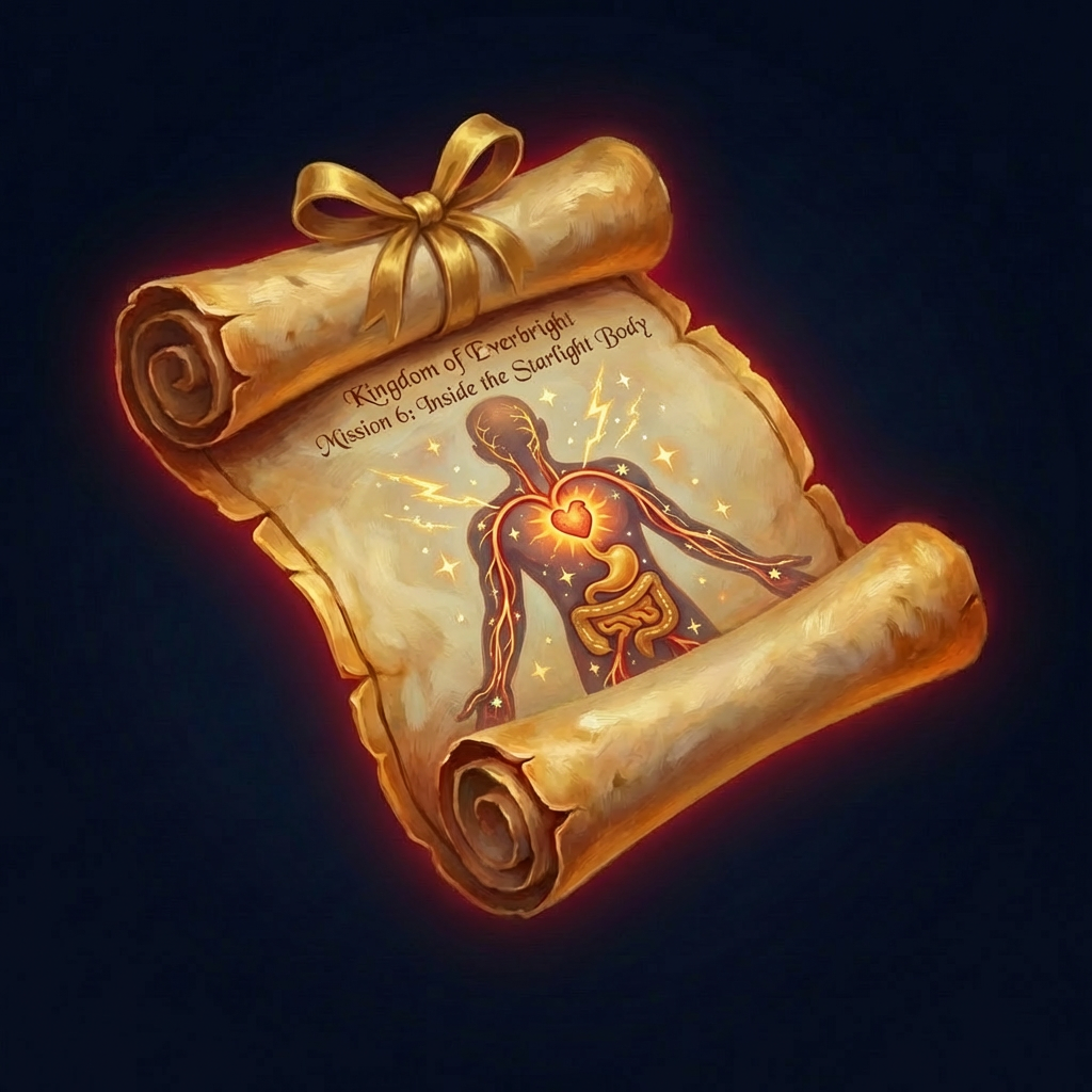 A luminous scroll mapping the body's major systems as a quest map. Body Quest Scroll