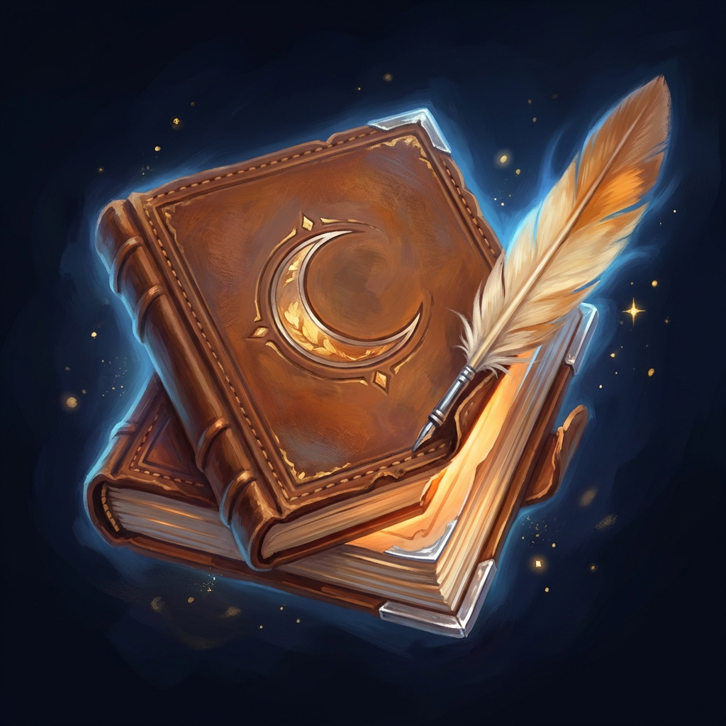 An enchanted book inspiring creative writing—crafting fables and choosing morals. Spell Book of Moon & Quill