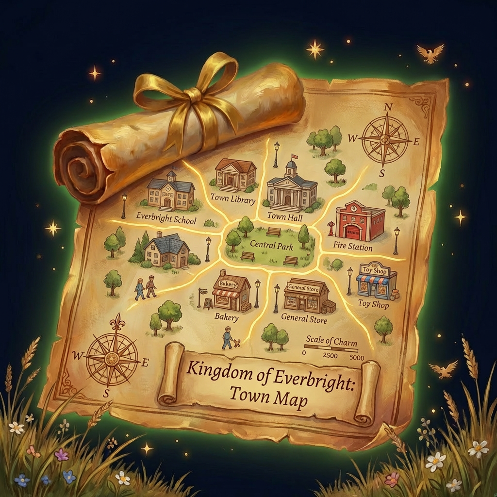 A scroll showing Everbright from above. Teaches cardinal directions, map keys, and spatial reasoning. Town Map Scroll